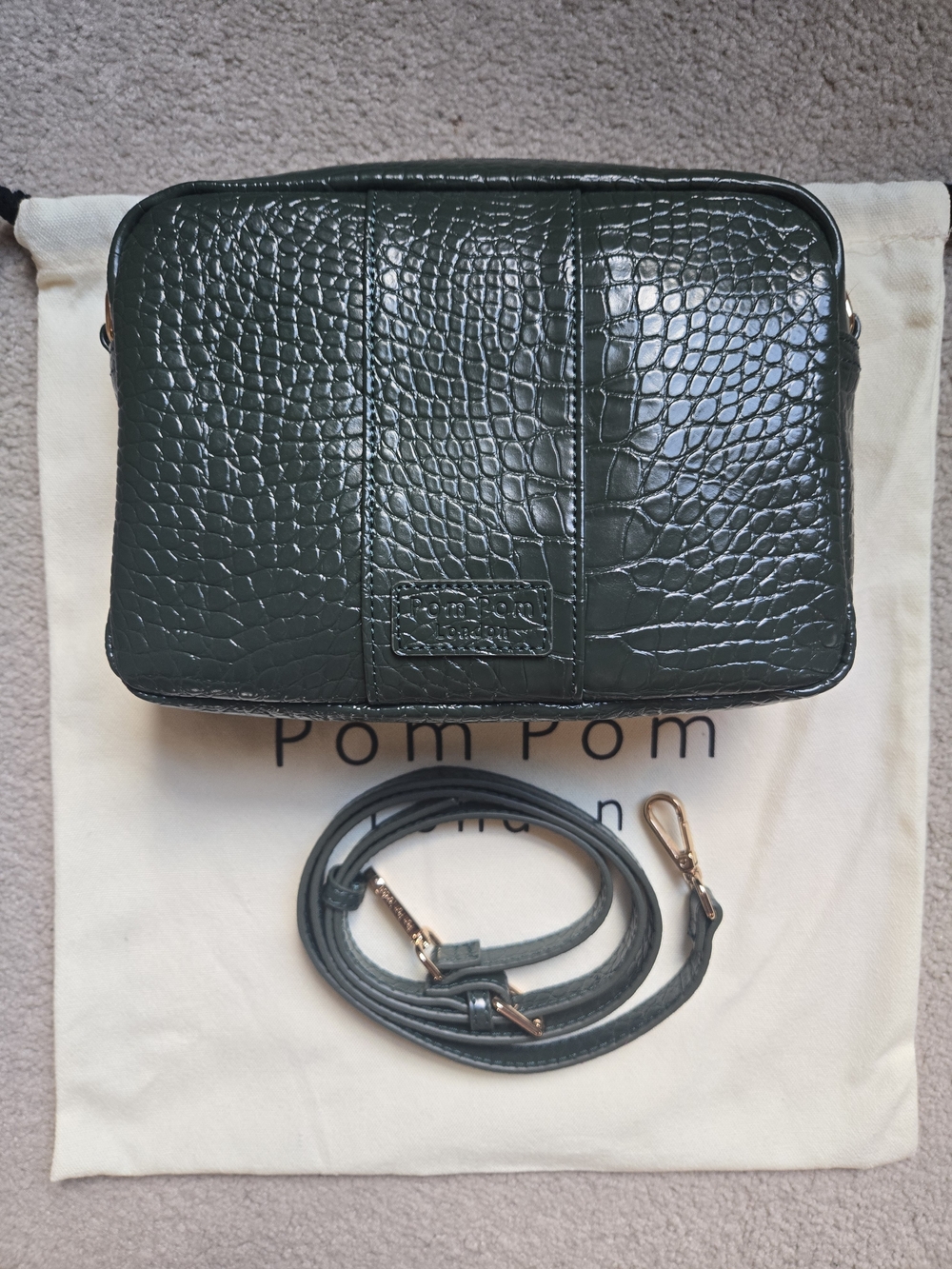 Pom Pom London Olive Green Croc-Embossed Crossbody Bag